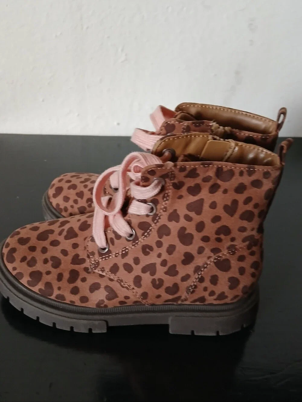 Cat & Jack Brown Leopard Print Ankle Boots with Pink Laces Size 12.